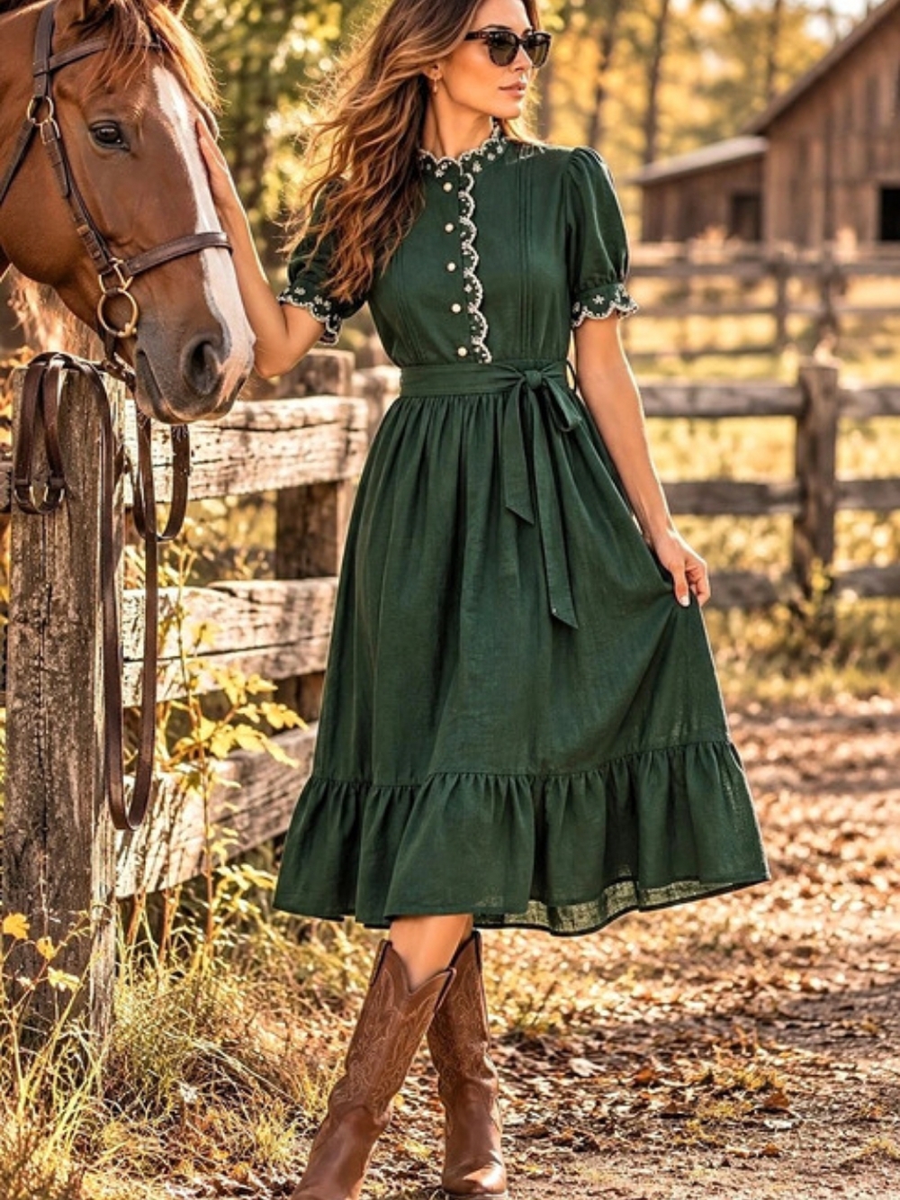 Simple Retro Fiona 100% Cotton Emerald Green Midi Dress Fiona Cotton NWOT